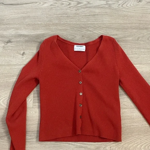 Red Ribbed Button-Up Cardigan - Picture 2 of 4